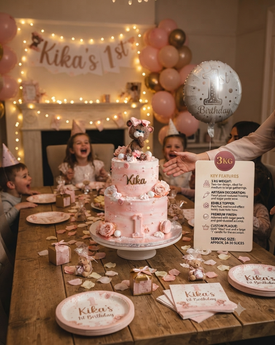 Premium 3 Kg Teddy Bear Birthday Cake | Custom Designer Celebration Cake | Pink Fondant Cake with Gold Stars | First Birthday Cake | Party Cake for Boys & Girls