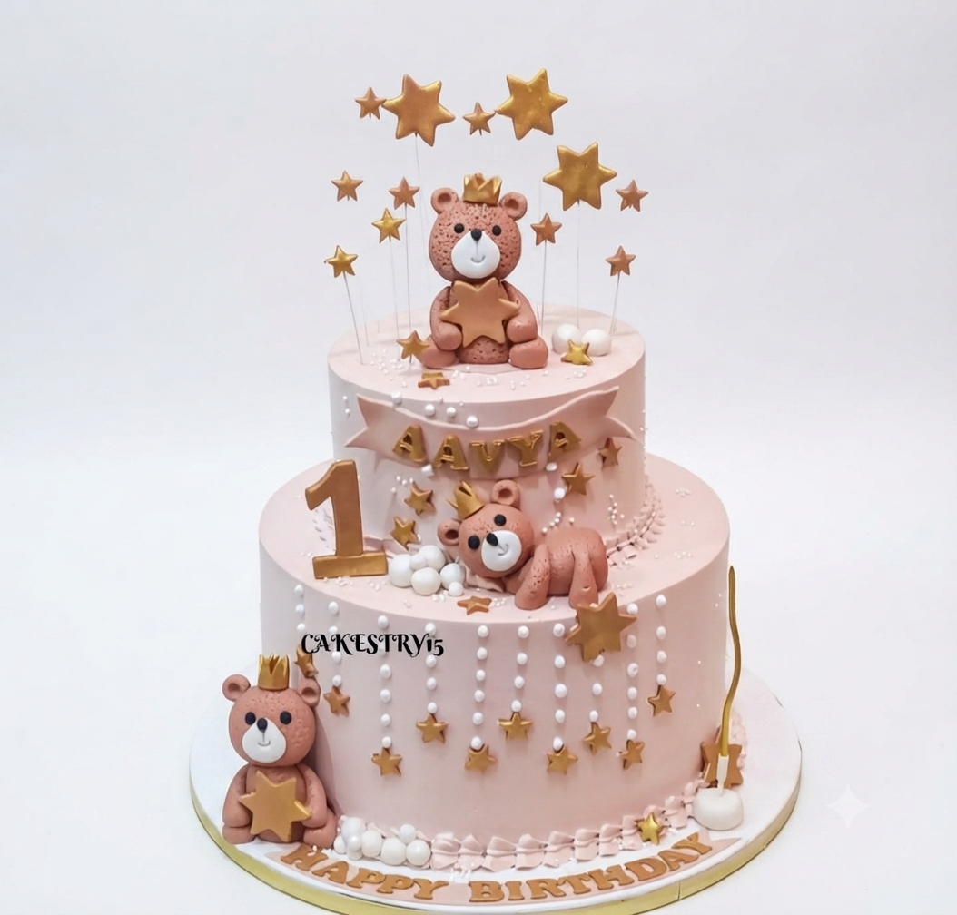AAVYA Premium 2 Kg Teddy Bear Birthday Cake | Custom Designer Celebration Cake | Pink Fondant Cake with Gold Stars | First Birthday Cake | Party Cake for Boys & Girls