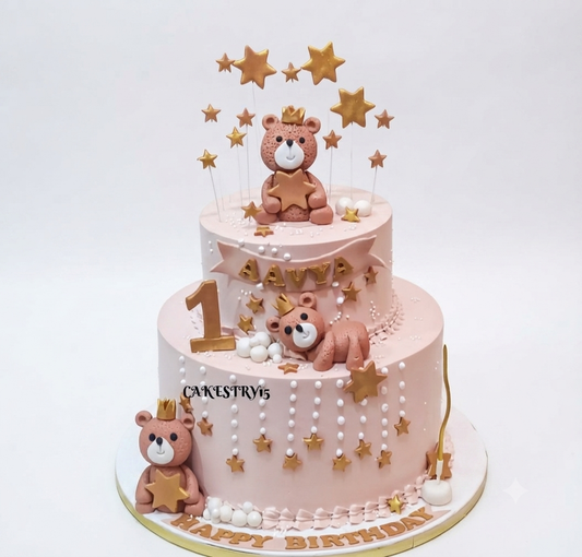 AAVYA Premium 2 Kg Teddy Bear Birthday Cake | Custom Designer Celebration Cake | Pink Fondant Cake with Gold Stars | First Birthday Cake | Party Cake for Boys & Girls