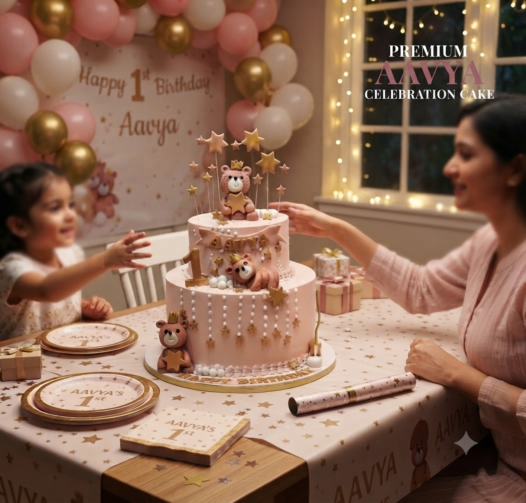 AAVYA Premium 2 Kg Teddy Bear Birthday Cake | Custom Designer Celebration Cake | Pink Fondant Cake with Gold Stars | First Birthday Cake | Party Cake for Boys & Girls