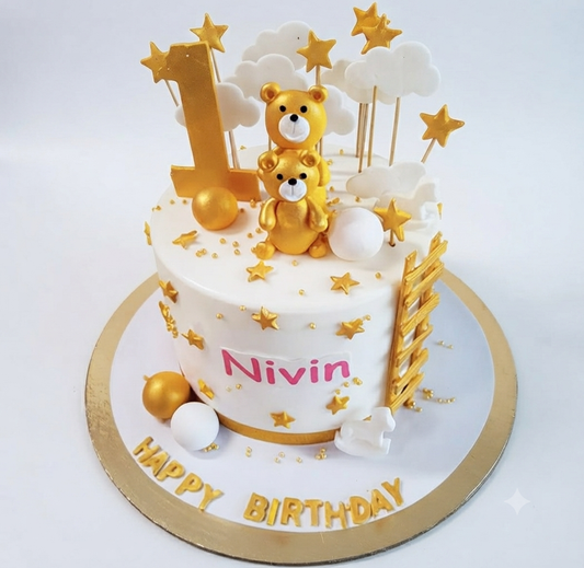 Freshly Baked 1.5 KG Teddy Bear First Birthday Cake | Personalized Name Fresh Cream & Fondant Cake | Custom Flavors (Vanilla, Chocolate, Butterscotch, Black Forest, Pineapple) | Serves 15–20 People