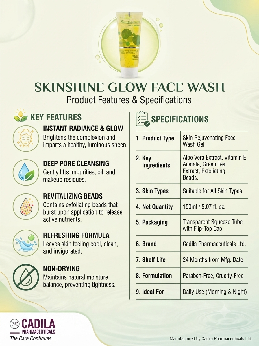 Skinshine Glow Face Wash Gel 150ml, Brightening & Deep Pore Cleansing Face Wash with Aloe Vera, Vitamin E & Green Tea Extract, Exfoliating Beads, Refreshing Non-Drying Formula, All Skin Types