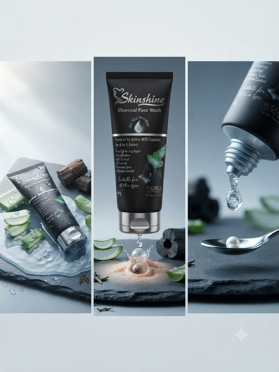 Skinshine Charcoal Face Wash 60g, Activated Charcoal & Aloe Vera Face Cleanser, Deep Cleansing & Detox Formula for Oily and Acne-Prone Skin, Oil Control, Pollution & Impurity Removal, Gel Face Wash