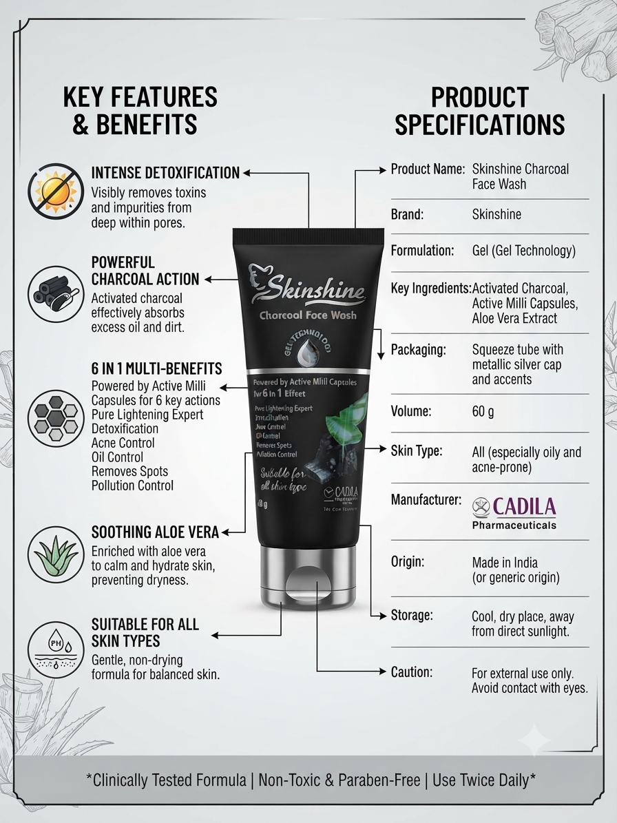 Skinshine Charcoal Face Wash 60g, Activated Charcoal & Aloe Vera Face Cleanser, Deep Cleansing & Detox Formula for Oily and Acne-Prone Skin, Oil Control, Pollution & Impurity Removal, Gel Face Wash