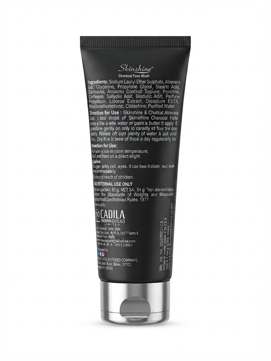 Skinshine Charcoal Face Wash 60g, Activated Charcoal & Aloe Vera Face Cleanser, Deep Cleansing & Detox Formula for Oily and Acne-Prone Skin, Oil Control, Pollution & Impurity Removal, Gel Face Wash