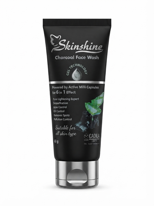Skinshine Charcoal Face Wash 60g, Activated Charcoal & Aloe Vera Face Cleanser, Deep Cleansing & Detox Formula for Oily and Acne-Prone Skin, Oil Control, Pollution & Impurity Removal, Gel Face Wash
