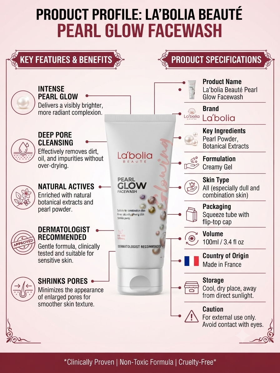 La’bolia Beauté Pearl Glow Facewash 100ml, Brightening & Deep Pore Cleansing Face Wash with Pearl Powder & Botanical Extracts, Creamy Gel Formula, For Dull & Combination Skin