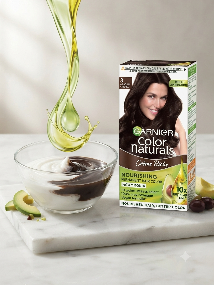 Garnier Color Naturals Crème Riche Hair Color, Shade 3 Darkest Brown, Permanent Hair Colour with 10X Natural Oils, Avocado & Olive Oil, 100% Grey Coverage, Ammonia Free, Nourishing Formula