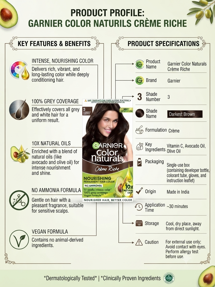 Garnier Color Naturals Crème Riche Hair Color, Shade 3 Darkest Brown, Permanent Hair Colour with 10X Natural Oils, Avocado & Olive Oil, 100% Grey Coverage, Ammonia Free, Nourishing Formula
