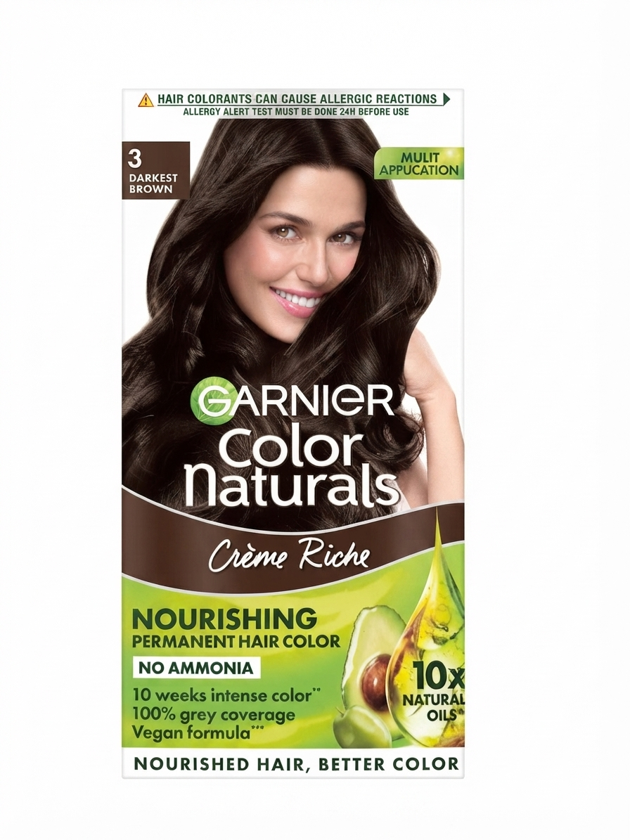 Garnier Color Naturals Crème Riche Hair Color, Shade 3 Darkest Brown, Permanent Hair Colour with 10X Natural Oils, Avocado & Olive Oil, 100% Grey Coverage, Ammonia Free, Nourishing Formula