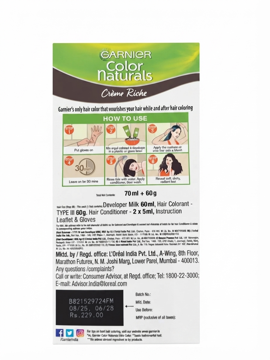 Garnier Color Naturals Crème Riche Hair Color, Shade 3 Darkest Brown, Permanent Hair Colour with 10X Natural Oils, Avocado & Olive Oil, 100% Grey Coverage, Ammonia Free, Nourishing Formula