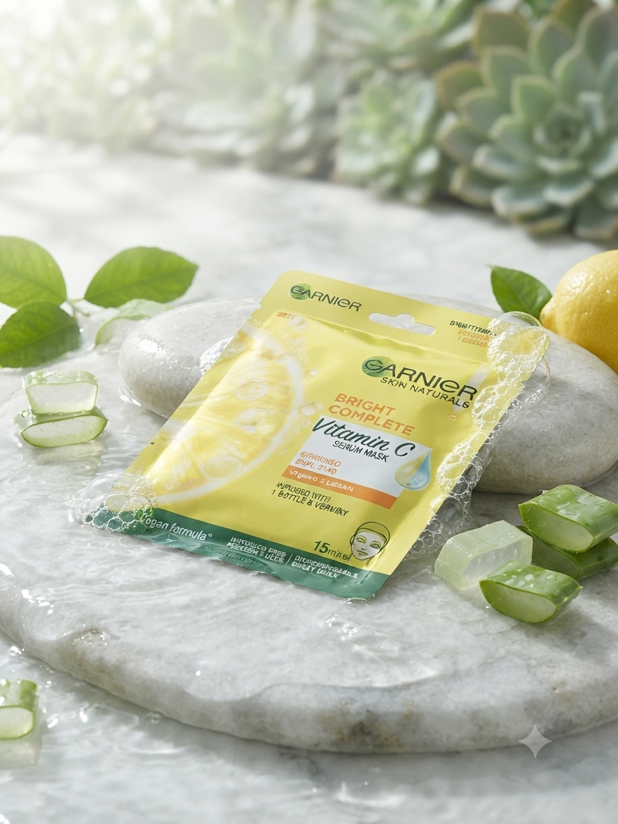 Garnier Skin Naturals Bright Complete Vitamin C Serum Mask, Brightening & Hydrating Face Sheet Mask with Vitamin C, Lemon Extract & Hyaluronic Acid, 28g, 1 Mask