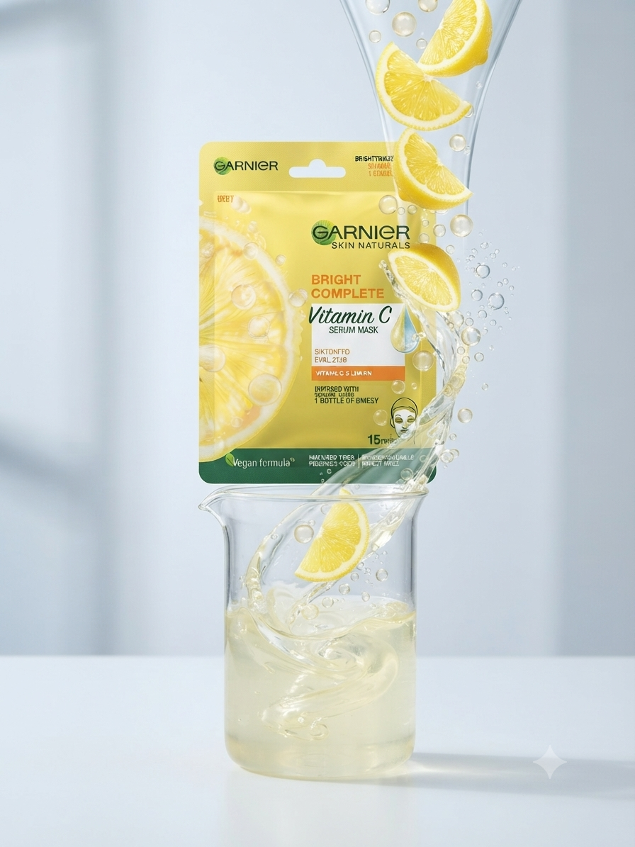Garnier Skin Naturals Bright Complete Vitamin C Serum Mask, Brightening & Hydrating Face Sheet Mask with Vitamin C, Lemon Extract & Hyaluronic Acid, 28g, 1 Mask