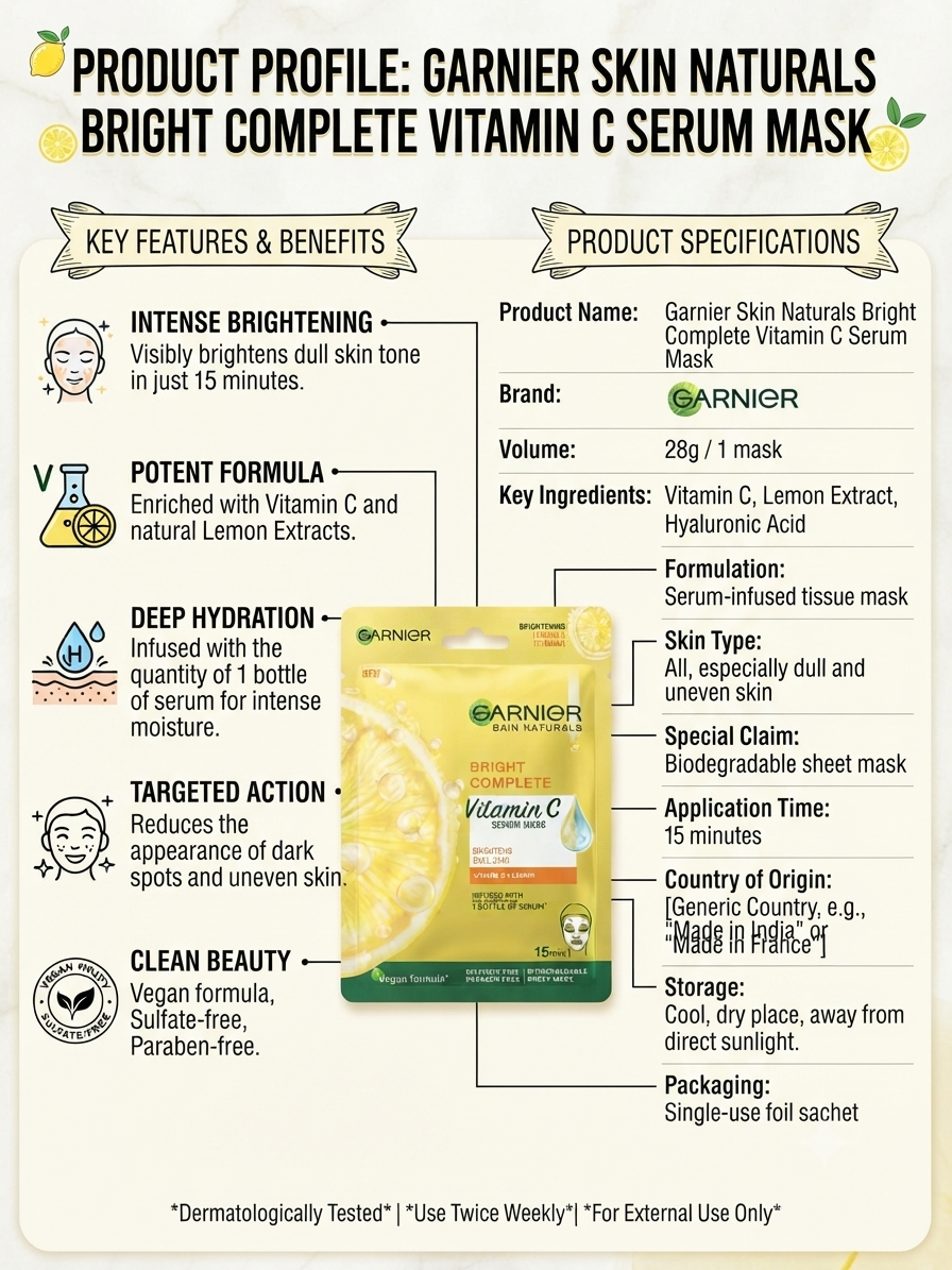 Garnier Skin Naturals Bright Complete Vitamin C Serum Mask, Brightening & Hydrating Face Sheet Mask with Vitamin C, Lemon Extract & Hyaluronic Acid, 28g, 1 Mask