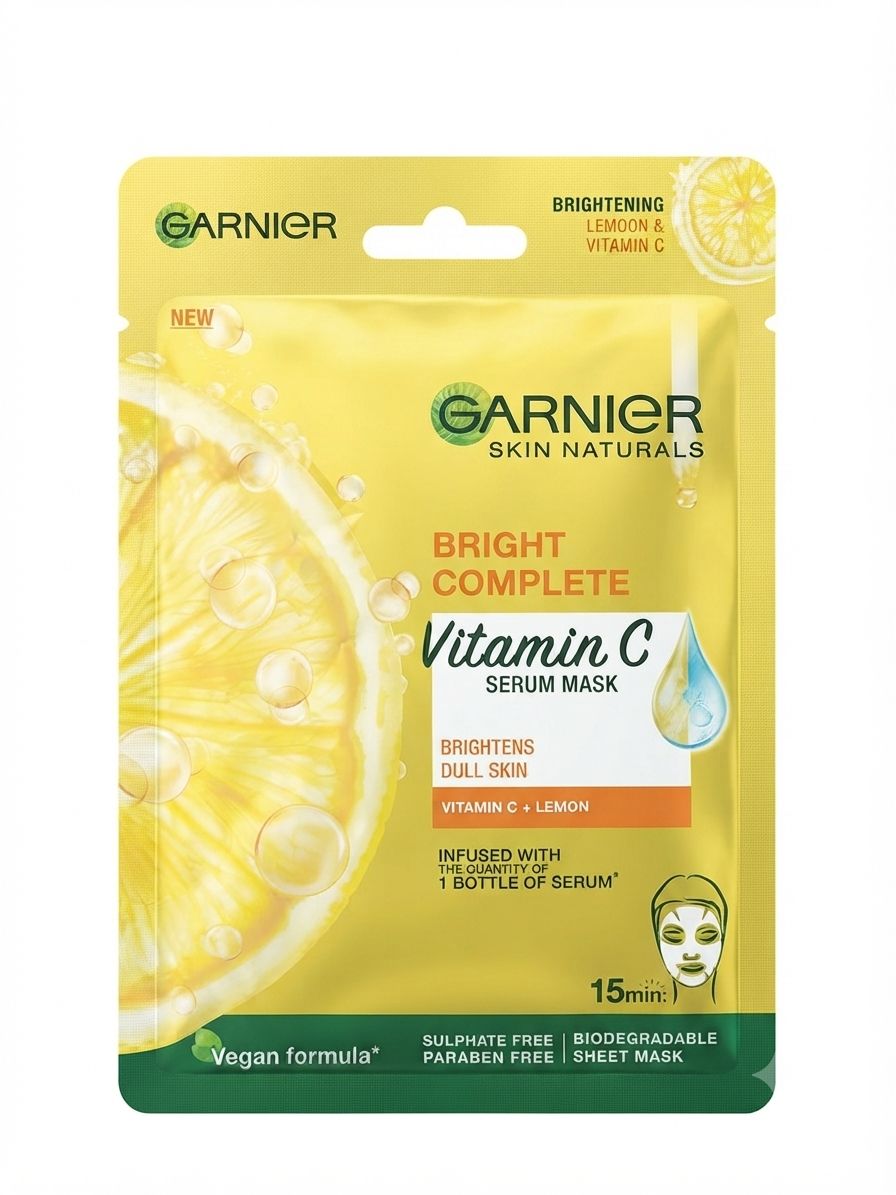 Garnier Skin Naturals Bright Complete Vitamin C Serum Mask, Brightening & Hydrating Face Sheet Mask with Vitamin C, Lemon Extract & Hyaluronic Acid, 28g, 1 Mask