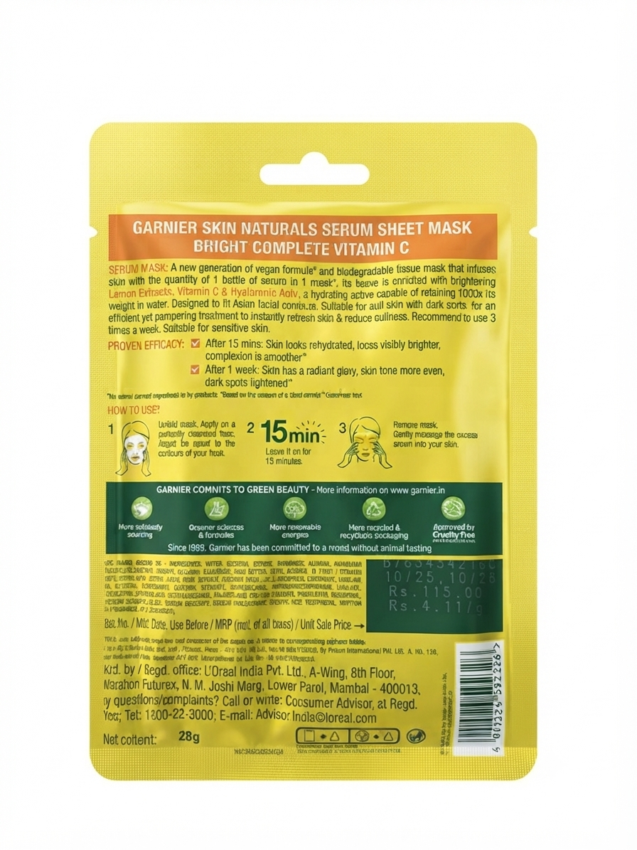 Garnier Skin Naturals Bright Complete Vitamin C Serum Mask, Brightening & Hydrating Face Sheet Mask with Vitamin C, Lemon Extract & Hyaluronic Acid, 28g, 1 Mask