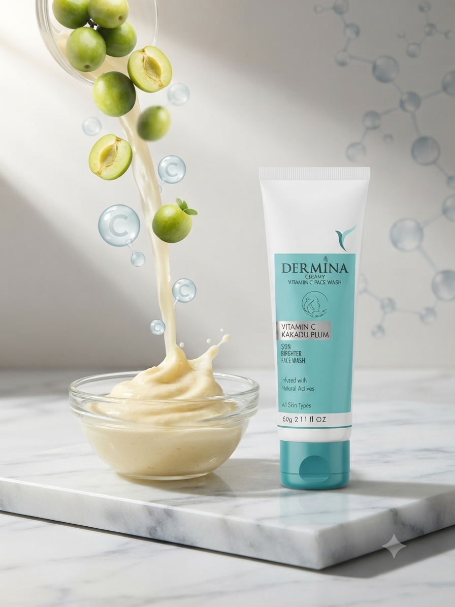 Dermina Creamy Vitamin C Face Wash with Kakadu Plum, Brightening & Deep Cleansing Facial Cleanser for Radiant Skin, Gentle Non-Drying Formula, 60g