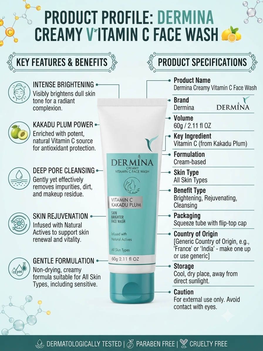 Dermina Creamy Vitamin C Face Wash with Kakadu Plum, Brightening & Deep Cleansing Facial Cleanser for Radiant Skin, Gentle Non-Drying Formula, 60g