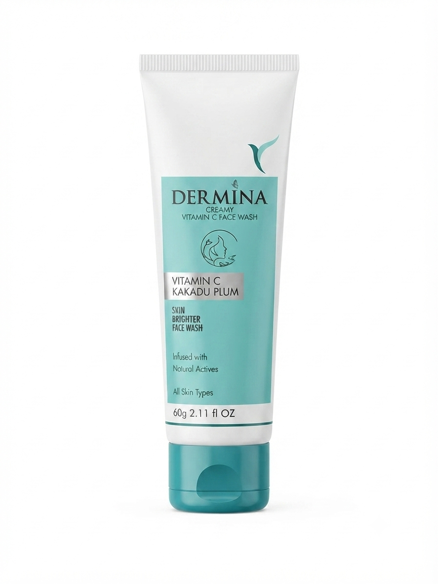 Dermina Creamy Vitamin C Face Wash with Kakadu Plum, Brightening & Deep Cleansing Facial Cleanser for Radiant Skin, Gentle Non-Drying Formula, 60g