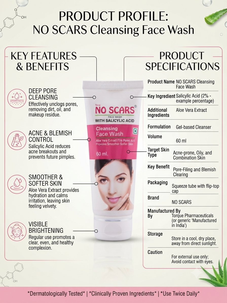 NO SCARS Cleansing Face Wash with Salicylic Acid & Aloe Vera, Deep Pore Cleansing & Blemish Control Face Cleanser for Acne-Prone, Oily & Combination Skin, 60 ml