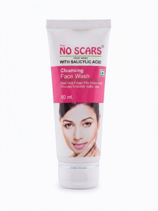 NO SCARS Cleansing Face Wash with Salicylic Acid & Aloe Vera, Deep Pore Cleansing & Blemish Control Face Cleanser for Acne-Prone, Oily & Combination Skin, 60 ml