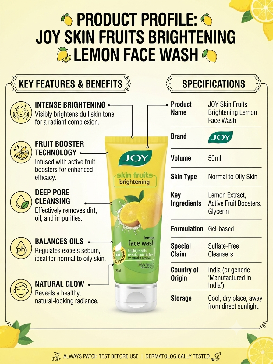 JOY Skin Fruits Brightening Lemon Face Wash with Active Fruit Boosters, Deep Cleansing & Oil Control Gel Cleanser for Normal to Oily Skin, 50ml