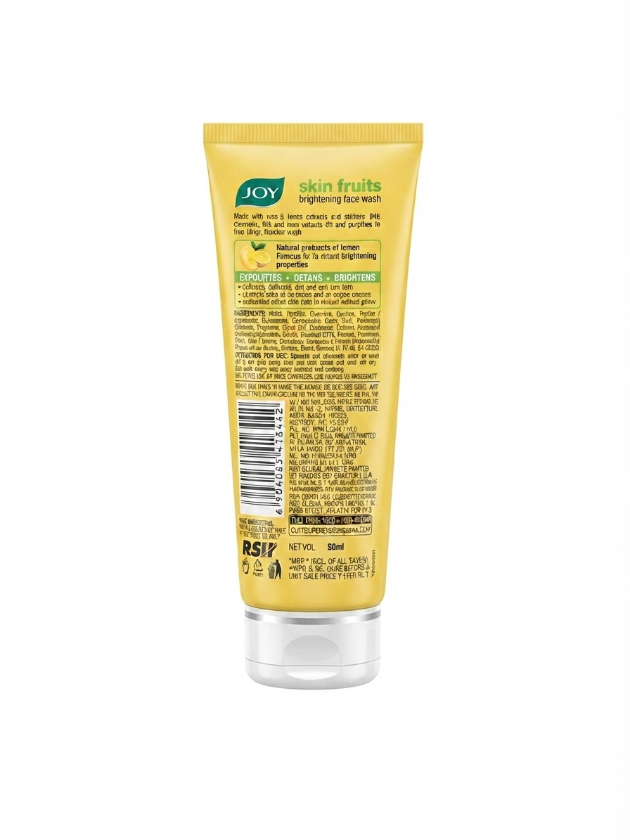 JOY Skin Fruits Brightening Lemon Face Wash with Active Fruit Boosters, Deep Cleansing & Oil Control Gel Cleanser for Normal to Oily Skin, 50ml