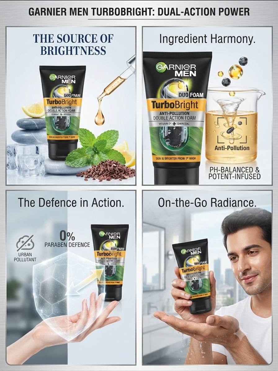 Garnier Men TurboBright Duo Foam Face Wash with Vitamin C & Charcoal, Anti-Pollution & Deep Pore Cleansing, Brightening Cleanser for Dull & Pollution-Exposed Skin, 100g