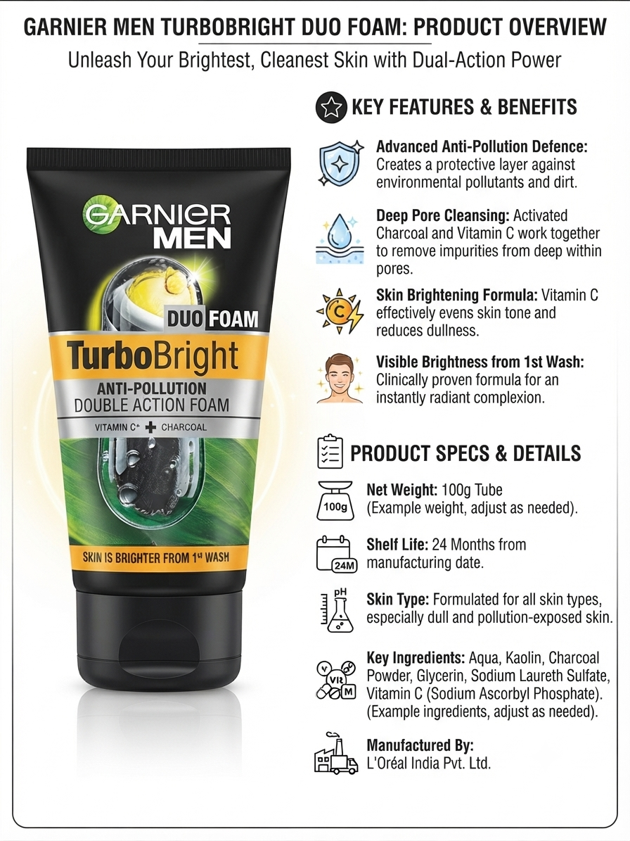 Garnier Men TurboBright Duo Foam Face Wash with Vitamin C & Charcoal, Anti-Pollution & Deep Pore Cleansing, Brightening Cleanser for Dull & Pollution-Exposed Skin, 100g