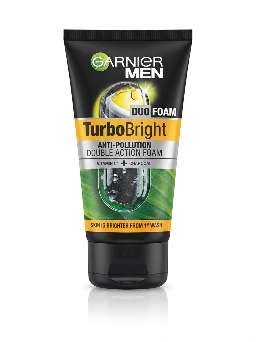 Garnier Men TurboBright Duo Foam Face Wash with Vitamin C & Charcoal, Anti-Pollution & Deep Pore Cleansing, Brightening Cleanser for Dull & Pollution-Exposed Skin, 100g