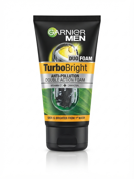 Garnier Men TurboBright Duo Foam Face Wash with Vitamin C & Charcoal, Anti-Pollution & Deep Pore Cleansing, Brightening Cleanser for Dull & Pollution-Exposed Skin, 100g