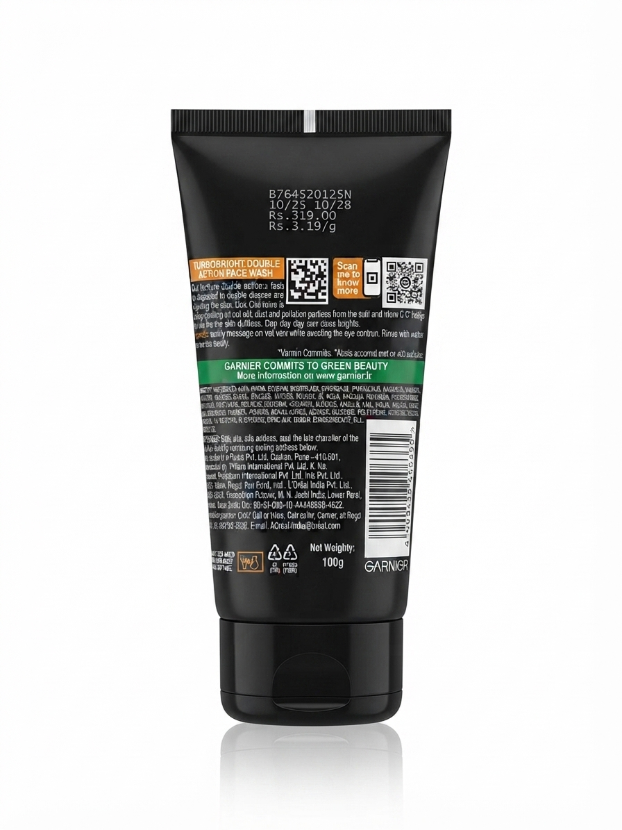 Garnier Men TurboBright Duo Foam Face Wash with Vitamin C & Charcoal, Anti-Pollution & Deep Pore Cleansing, Brightening Cleanser for Dull & Pollution-Exposed Skin, 100g