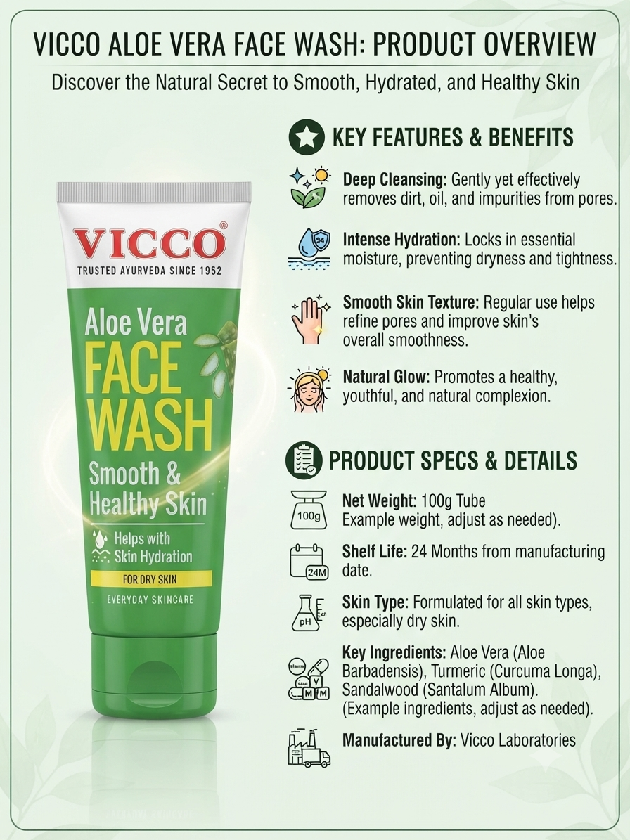 Vicco Aloe Vera Face Wash, Hydrating & Deep Cleansing Facial Cleanser with Aloe Vera, Turmeric & Sandalwood, Gentle Face Wash for Dry & All Skin Types