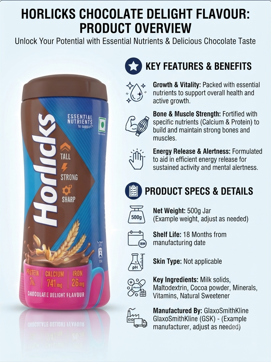 Horlicks Chocolate Delight Flavour Health & Nutrition Drink Powder, Malted Chocolate Beverage with Protein, Calcium, Iron, Vitamins & Minerals, 500g Jar