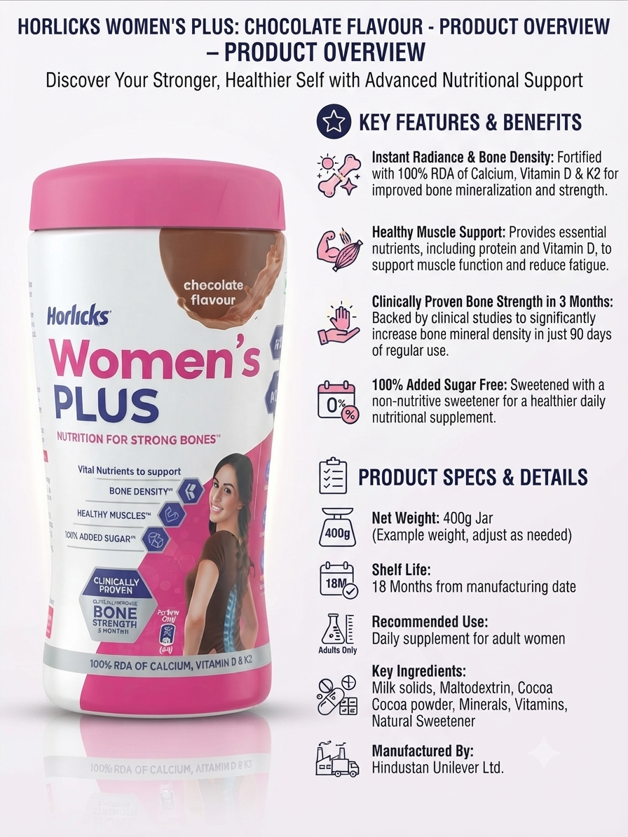 Horlicks Women’s Plus Chocolate Flavour Nutrition Drink, Calcium, Vitamin D & K2 for Bone Strength, Protein & Muscle Support, Daily Nutrition Supplement for Adult Women, 400g
