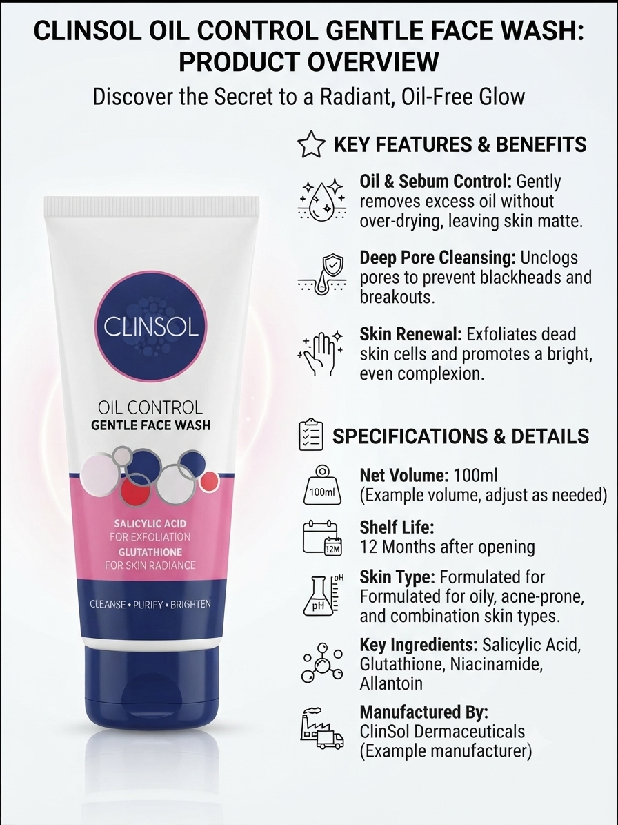 ClinSol Oil Control Gentle Face Wash with Salicylic Acid, Glutathione, Niacinamide & Allantoin, Deep Pore Cleansing, Sebum & Oil Control Face Wash for Oily, Acne-Prone & Combination Skin, 100ml