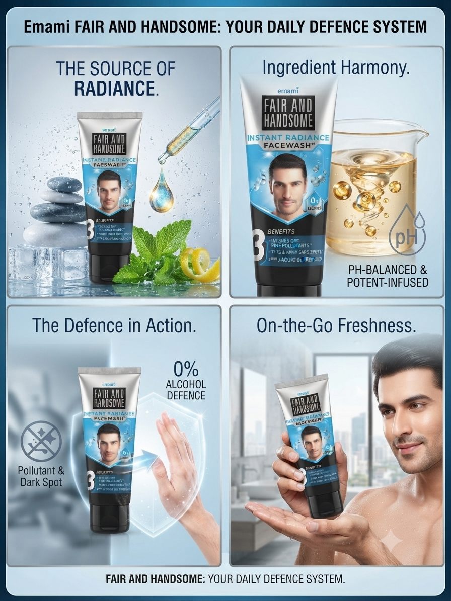 Emami Fair and Handsome Instant Radiance Face Wash for Men, Deep Cleansing & Oil Control, Removes Fine Pollutants, Helps Reduce Appearance of Dark Spots, 0% Alcohol Formula, 100g