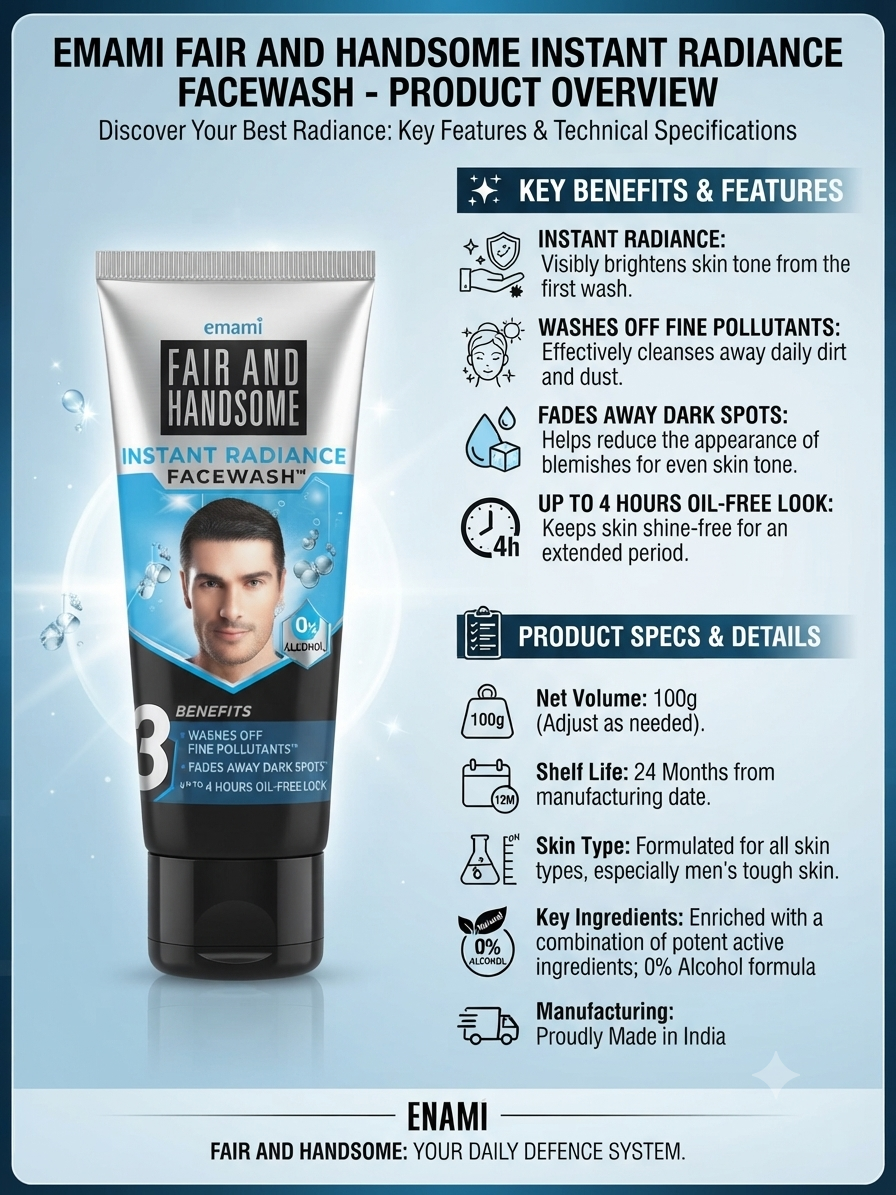 Emami Fair and Handsome Instant Radiance Face Wash for Men, Deep Cleansing & Oil Control, Removes Fine Pollutants, Helps Reduce Appearance of Dark Spots, 0% Alcohol Formula, 100g