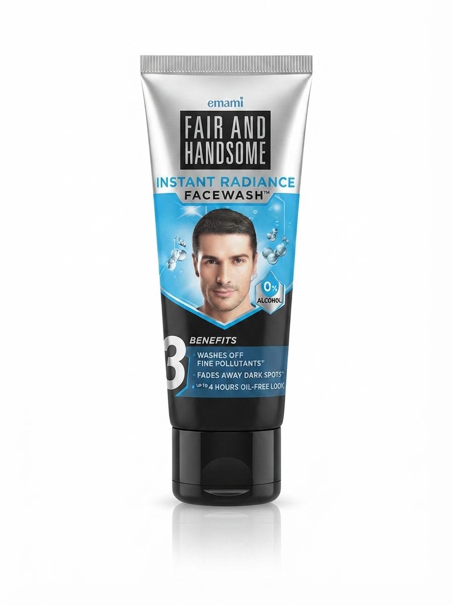 Emami Fair and Handsome Instant Radiance Face Wash for Men, Deep Cleansing & Oil Control, Removes Fine Pollutants, Helps Reduce Appearance of Dark Spots, 0% Alcohol Formula, 100g