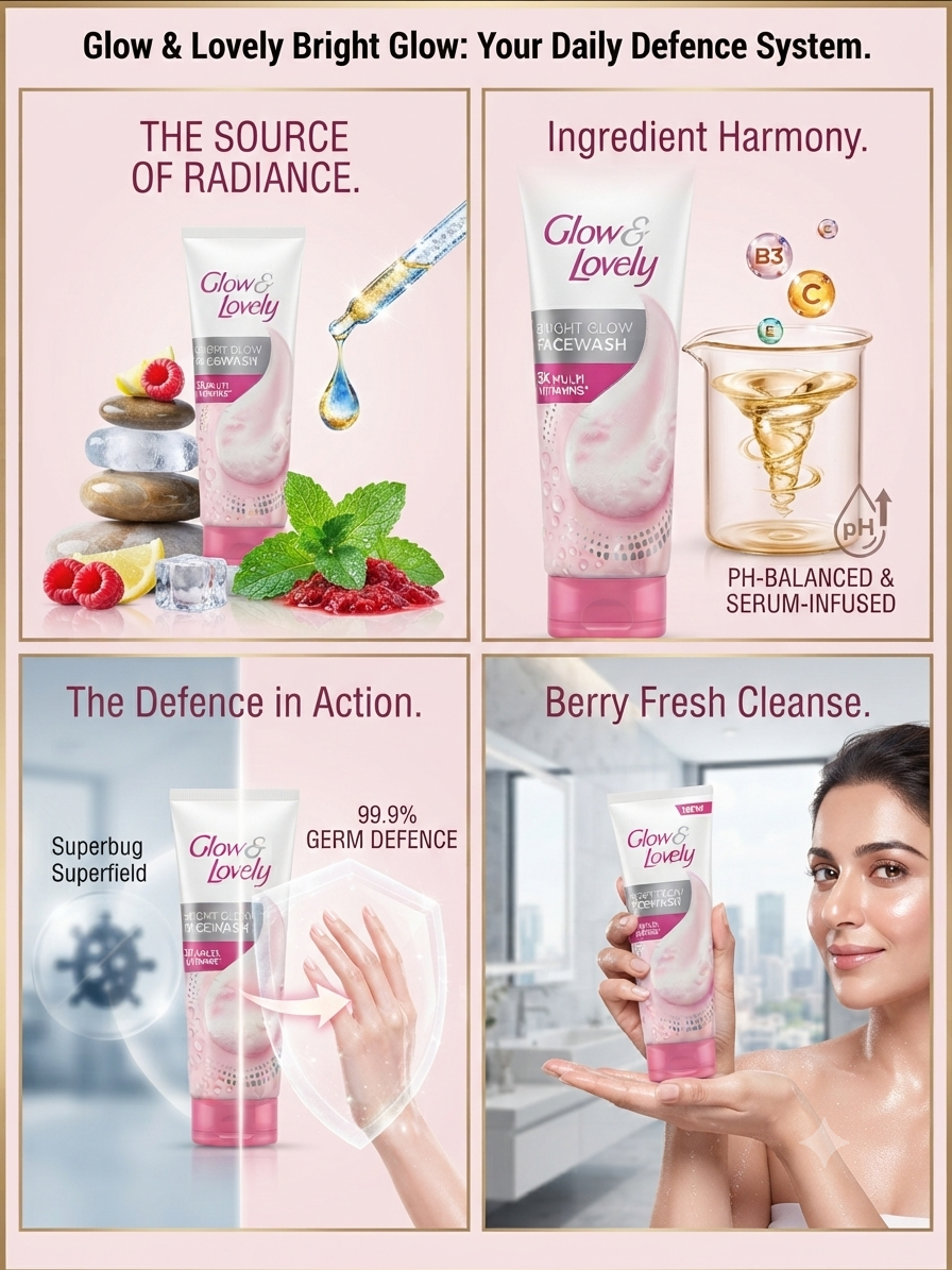 Glow & Lovely Bright Glow Face Wash with 3X Multi-Vitamins B3, C & E, Deep Cleansing Facial Cleanser for Radiant & Fresh Looking Skin, Suitable for All Skin Types, 50g