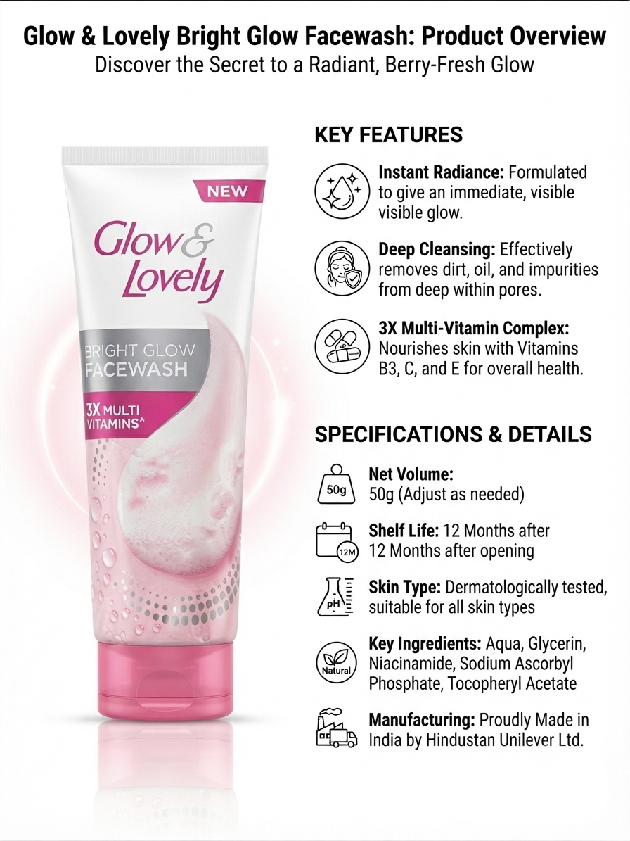 Glow & Lovely Bright Glow Face Wash with 3X Multi-Vitamins B3, C & E, Deep Cleansing Facial Cleanser for Radiant & Fresh Looking Skin, Suitable for All Skin Types, 50g