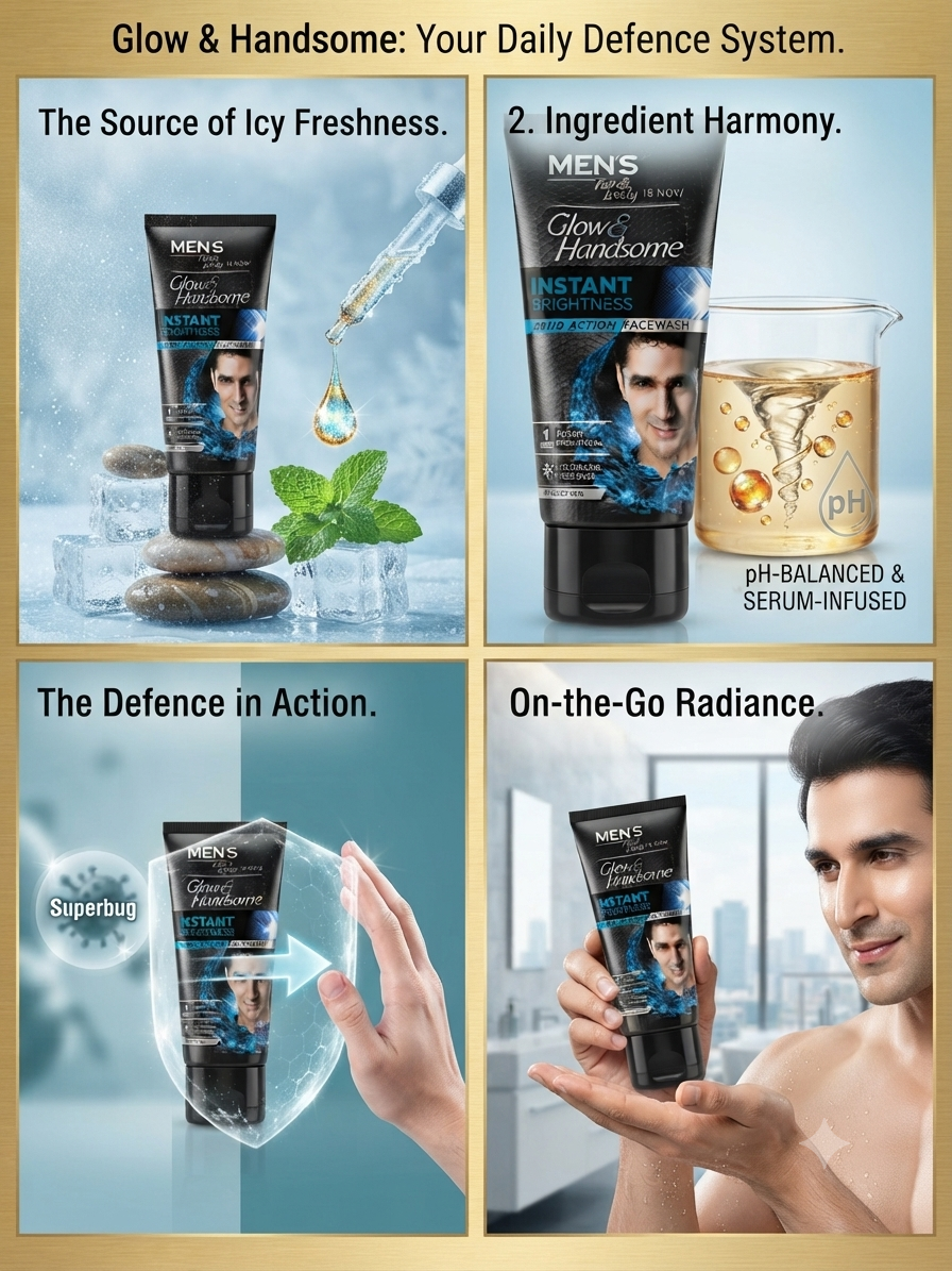 Glow & Handsome Instant Brightness Face Wash for Men, Rapid Action with Icy Cooling Freshness, Brightening & Refreshing Facial Cleanser, Enriched with Menthol & Vitamin C Derivative,