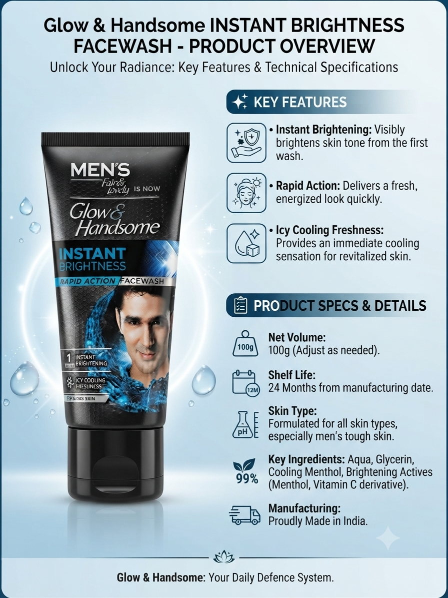 Glow & Handsome Instant Brightness Face Wash for Men, Rapid Action with Icy Cooling Freshness, Brightening & Refreshing Facial Cleanser, Enriched with Menthol & Vitamin C Derivative, 100g