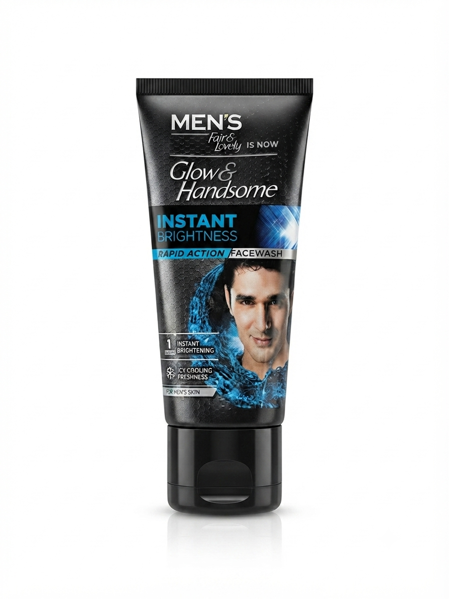 Glow & Handsome Instant Brightness Face Wash for Men, Rapid Action with Icy Cooling Freshness, Brightening & Refreshing Facial Cleanser, Enriched with Menthol & Vitamin C Derivative,