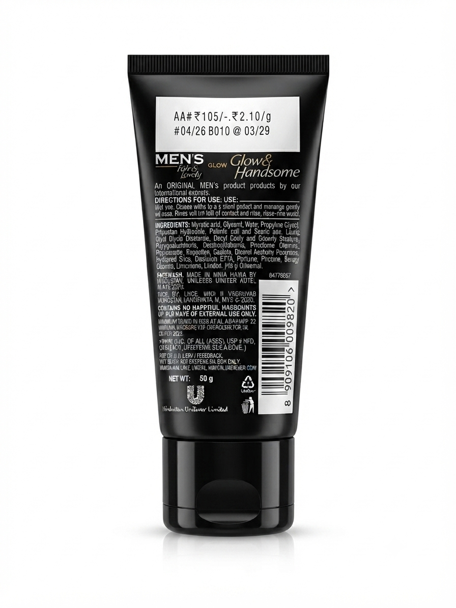 Glow & Handsome Instant Brightness Face Wash for Men, Rapid Action with Icy Cooling Freshness, Brightening & Refreshing Facial Cleanser, Enriched with Menthol & Vitamin C Derivative, 100g