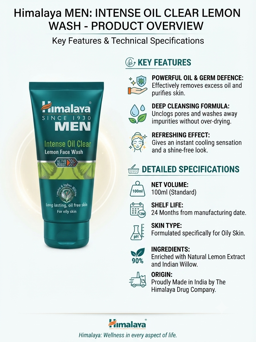 Himalaya MEN Intense Oil Clear Lemon Face Wash for Oily Skin, Deep Cleansing & Oil Control, Lemon Extract & Indian Willow, Refreshing Shine-Free Facial Cleanser for Men, 100ml