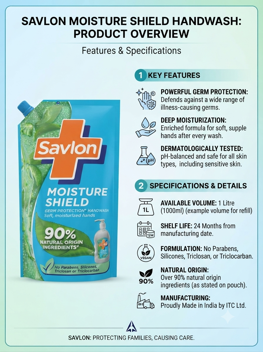 Savlon Moisture Shield Handwash Refill Pouch, 1 Litre, Germ Protection Hand Wash, Moisturizing Formula for Soft Hands, 90% Natural Origin Ingredients, pH Balanced, Daily Hand Hygiene