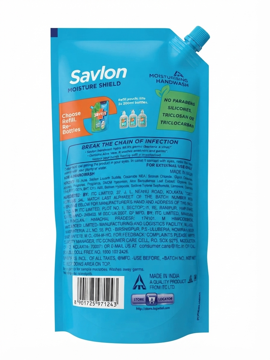 Savlon Moisture Shield Handwash Refill Pouch, 1 Litre, Germ Protection Hand Wash, Moisturizing Formula for Soft Hands, 90% Natural Origin Ingredients, pH Balanced, Daily Hand Hygiene