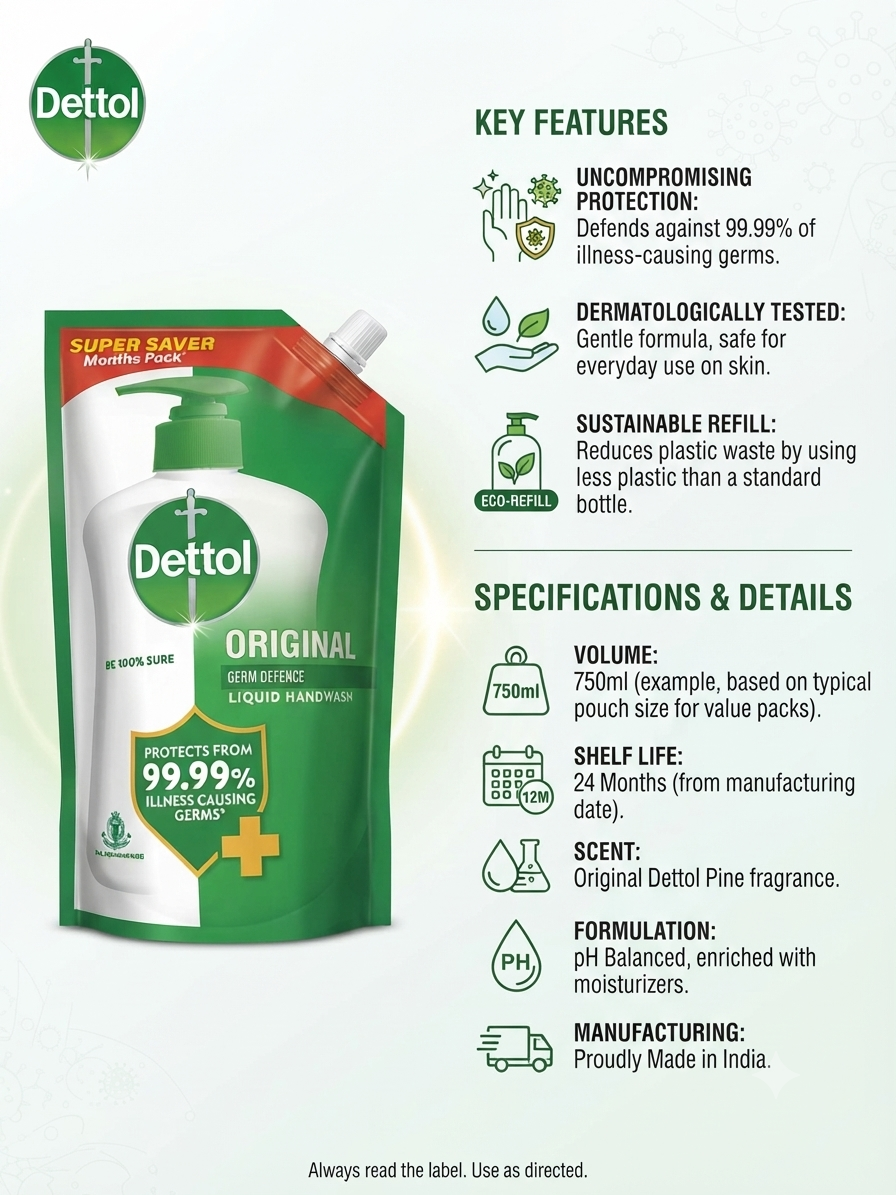 Dettol Original Liquid Handwash Refill Pouch, Germ Protection Hand Wash, Moisturizing & pH Balanced Formula, Pine Fragrance, Eco Refill Pack