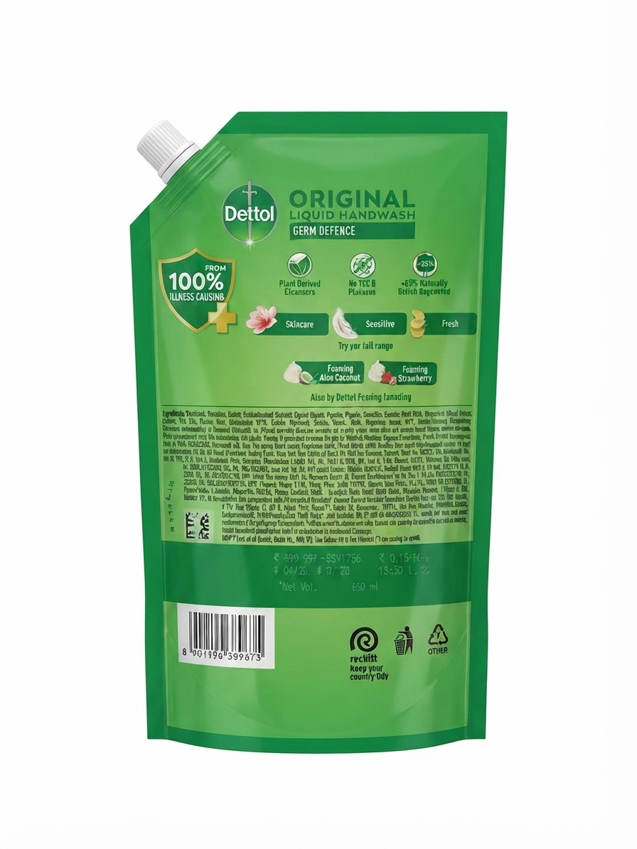 Dettol Original Liquid Handwash Refill Pouch, Germ Protection Hand Wash, Moisturizing & pH Balanced Formula, Pine Fragrance, Eco Refill Pack